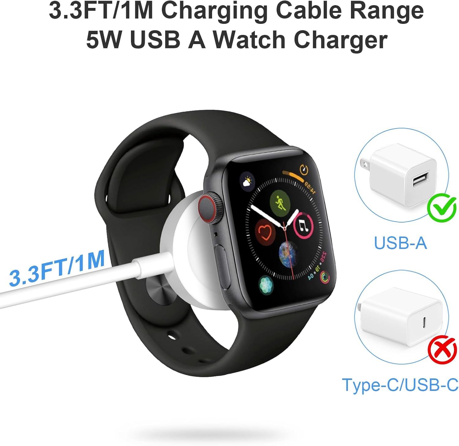 Fast Charger for Apple Watch Charger, Magnetic iWatch Charger to USB A Cable 3.3FT with USB A Wall Plug Adapter for Apple iWatch Series Ultra/10/9/8/7/6/SE/5/4/3/2 (White)
