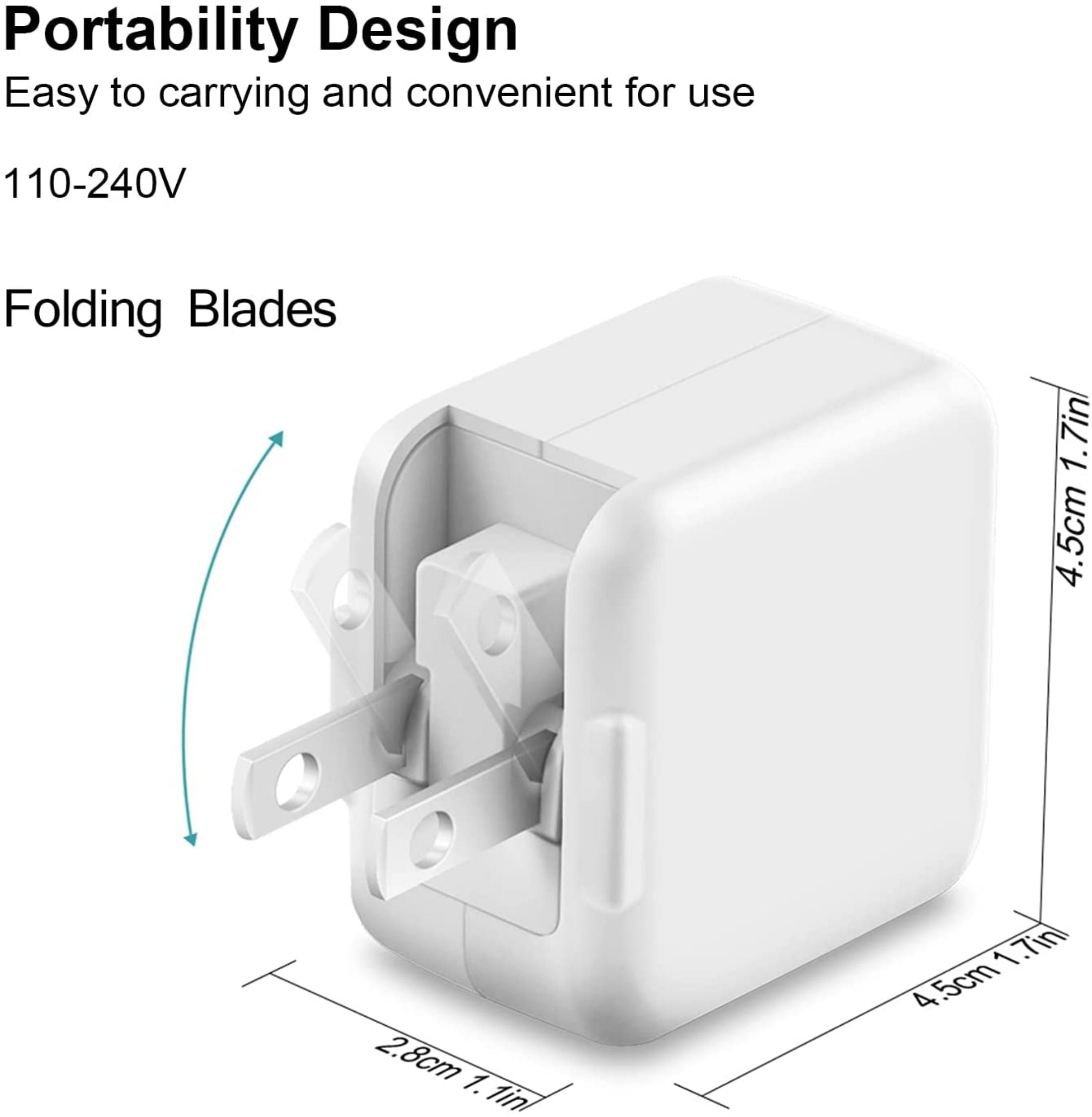 12W USB Wall Charger-Foldable Portable Travel Plug with USB Charging Cable Compatible with iPhone, iPad, iPad Mini, iPad Air 1/2/3, Airpod