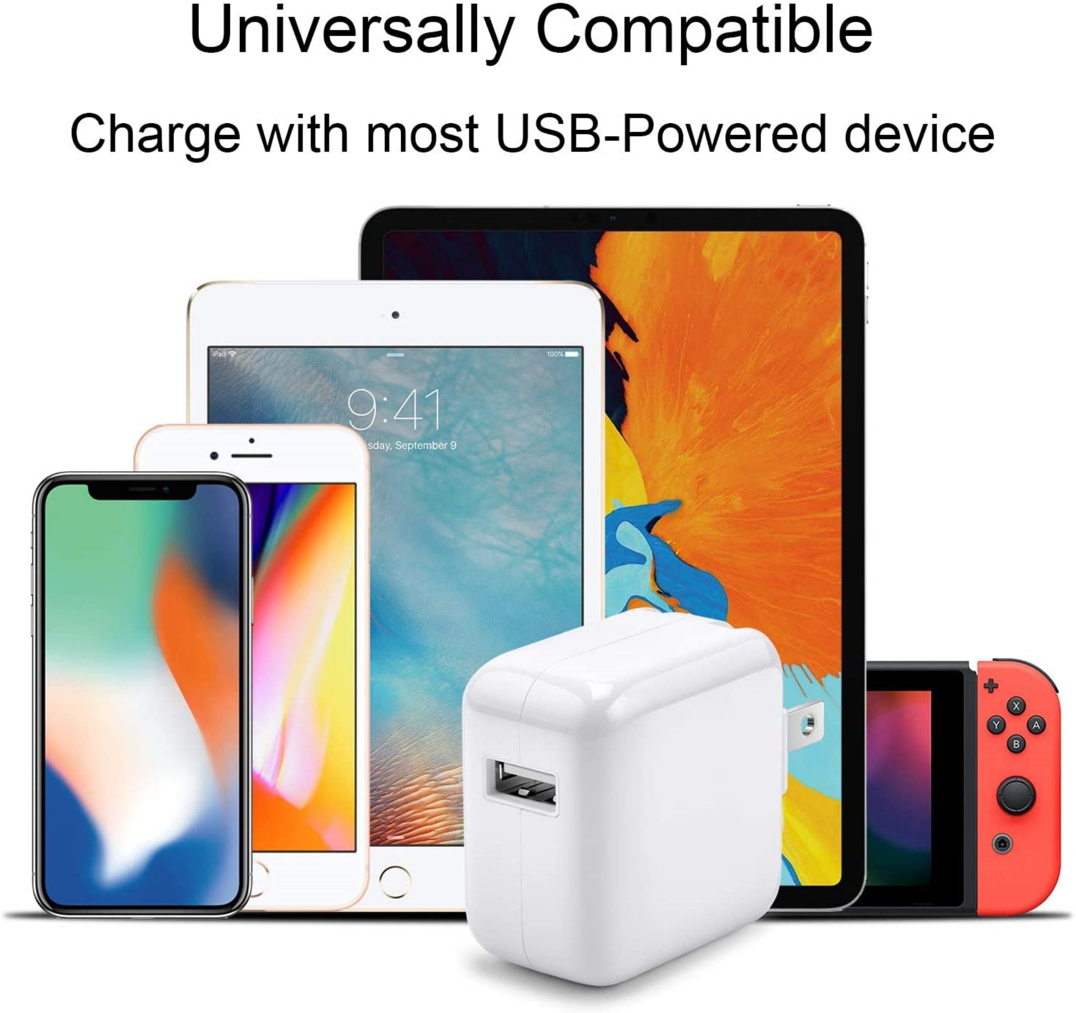 12W USB Wall Charger-Foldable Portable Travel Plug with USB Charging Cable Compatible with iPhone, iPad, iPad Mini, iPad Air 1/2/3, Airpod